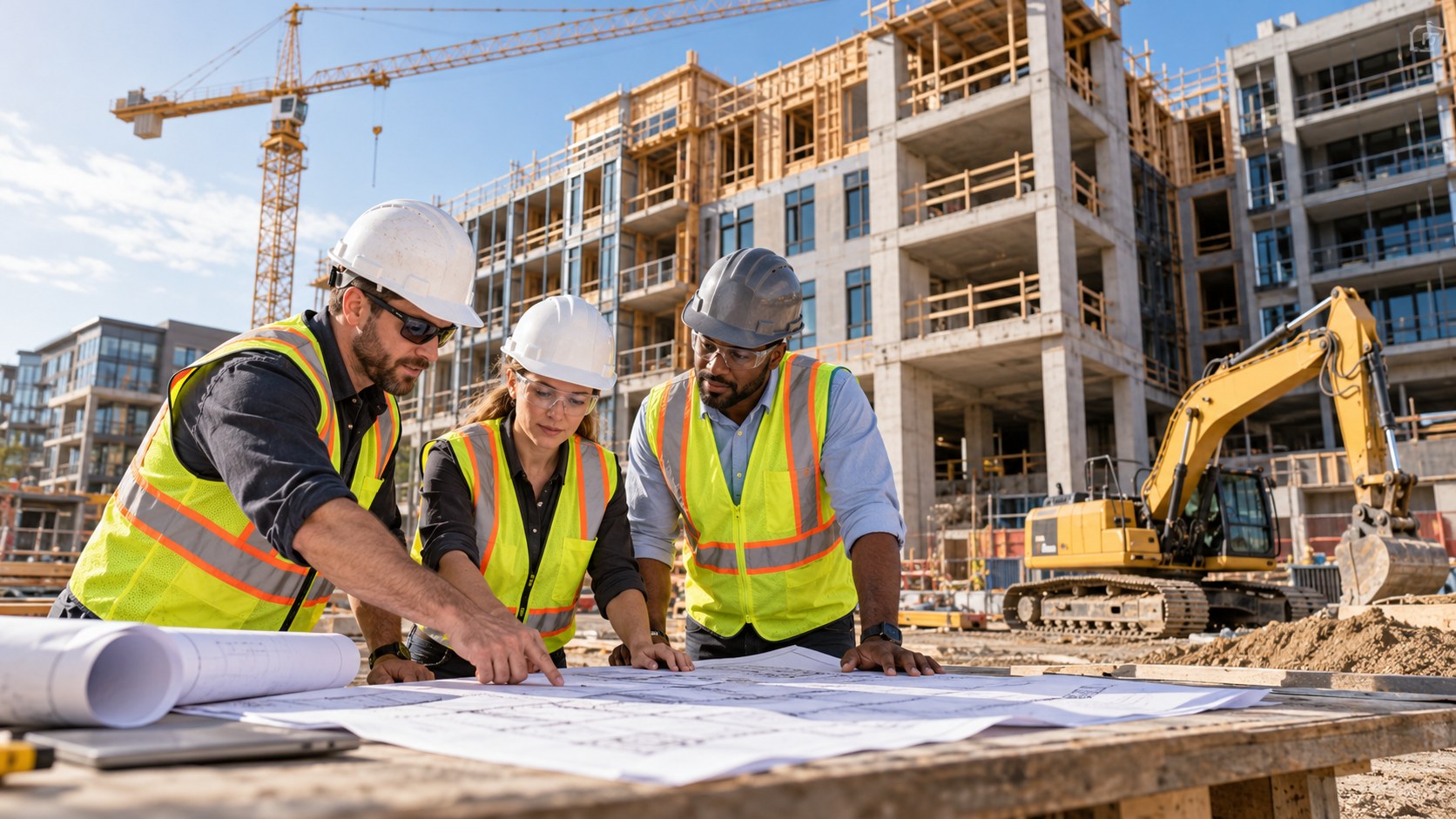 Construction professionals reviewing blueprints alongside heavy equipment