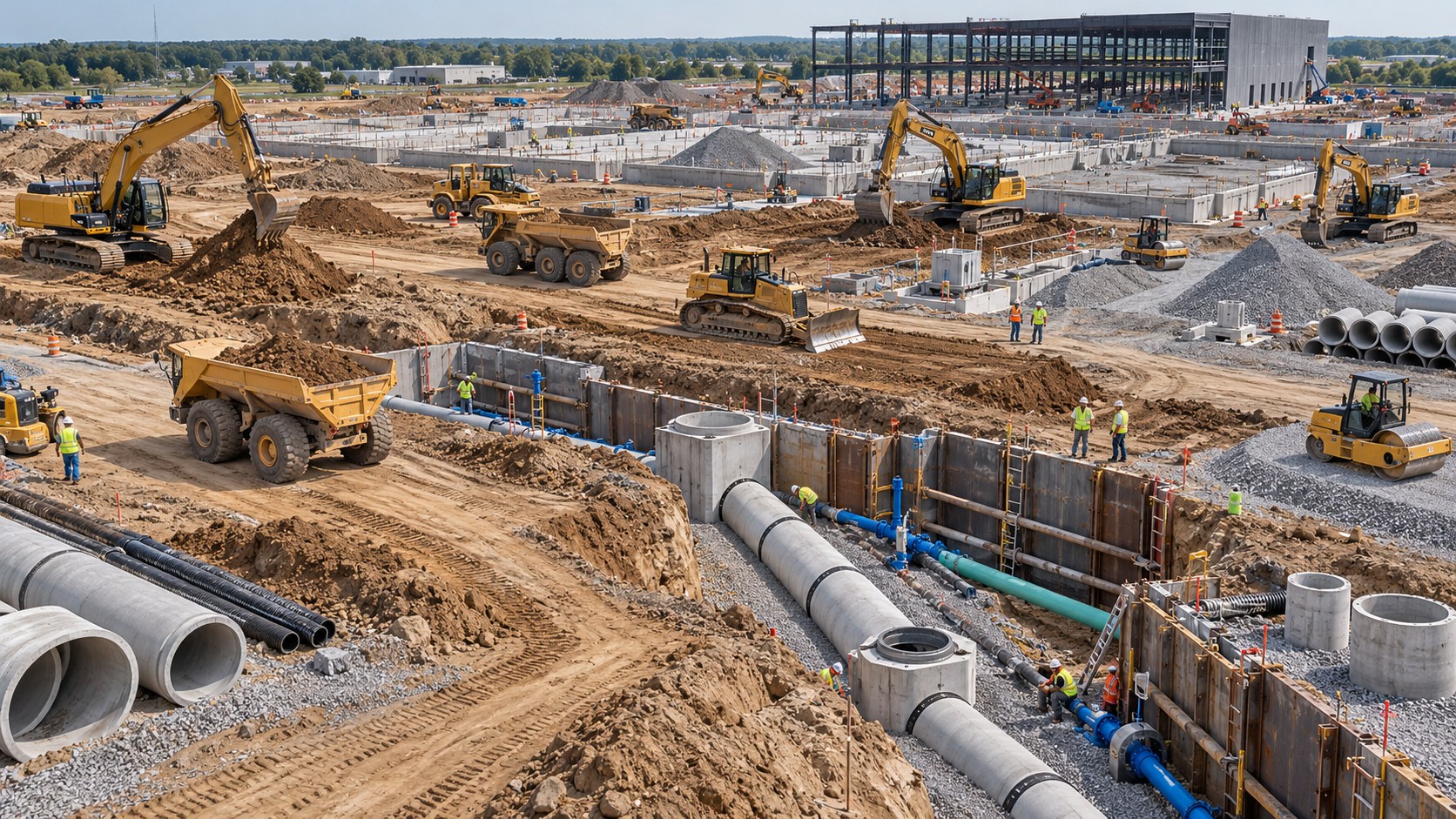 Major construction jobsite with excavators, earthmoving equipment, and underground utility installation